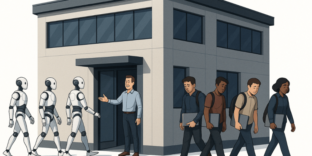 An AI-generated Illustration Of A Modern Tech Company Building. At The Front Entrance, A Cheerful Man In Business Casual Attire Stands, Smiling Warmly, And Welcoming A Line Of Humanoid Robots Entering The Building From The Left. On The Opposite Side Of The Building, A Group Of Software Developers Are Exiting To The Right; They Have Sad Or Disappointed Expressions, Holding Their Laptops And Backpacks, Walking Away Glumly. The Scene Depicts A Possible Future Where Human Developers Are Replaced By AI Agents.